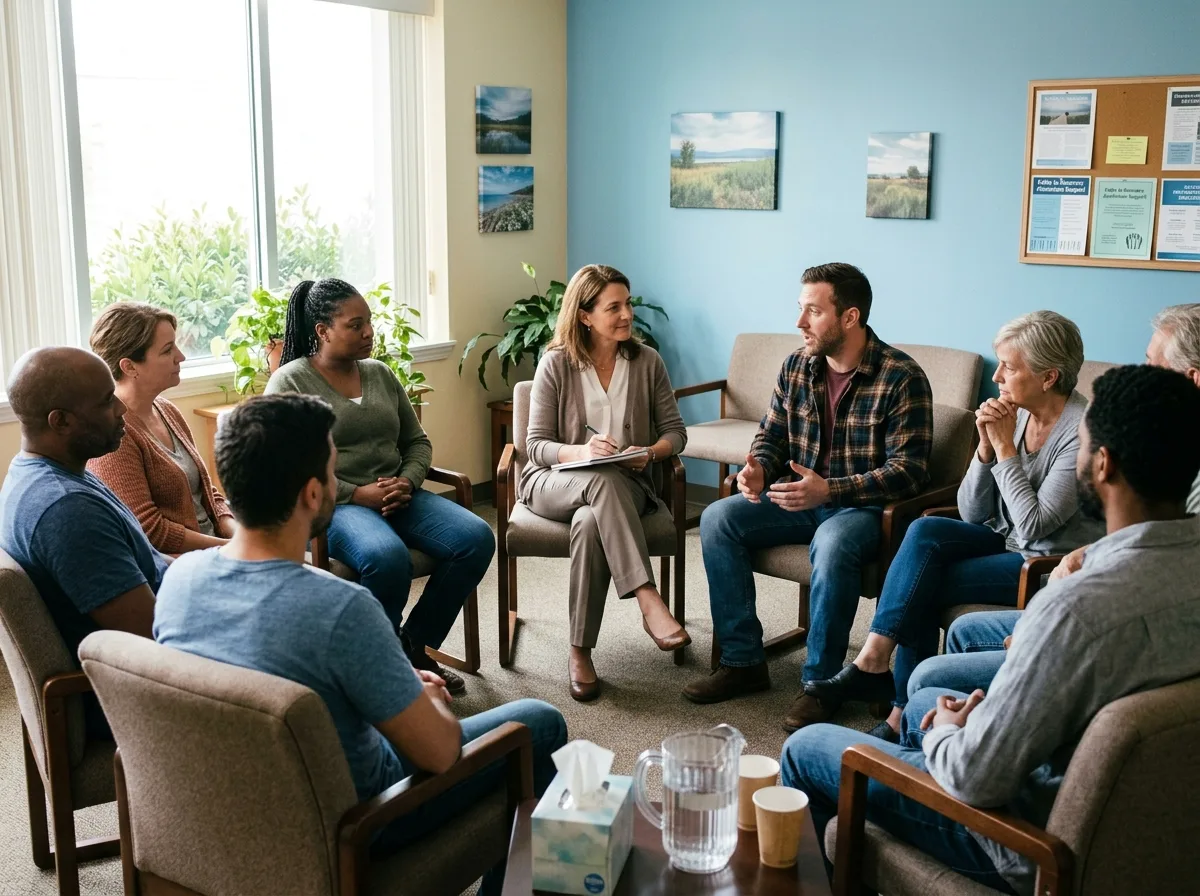 Групповое занятие с психологом в наркологической клинике, пациенты в светлой комнате, лечение алкоголизма