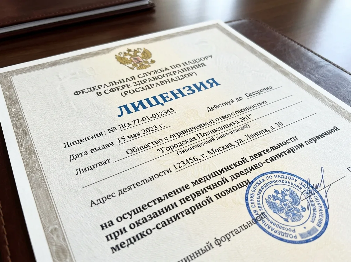 Лицензия Росздравнадзора на осуществление медицинской деятельности — документ крупным планом на официальном бланке